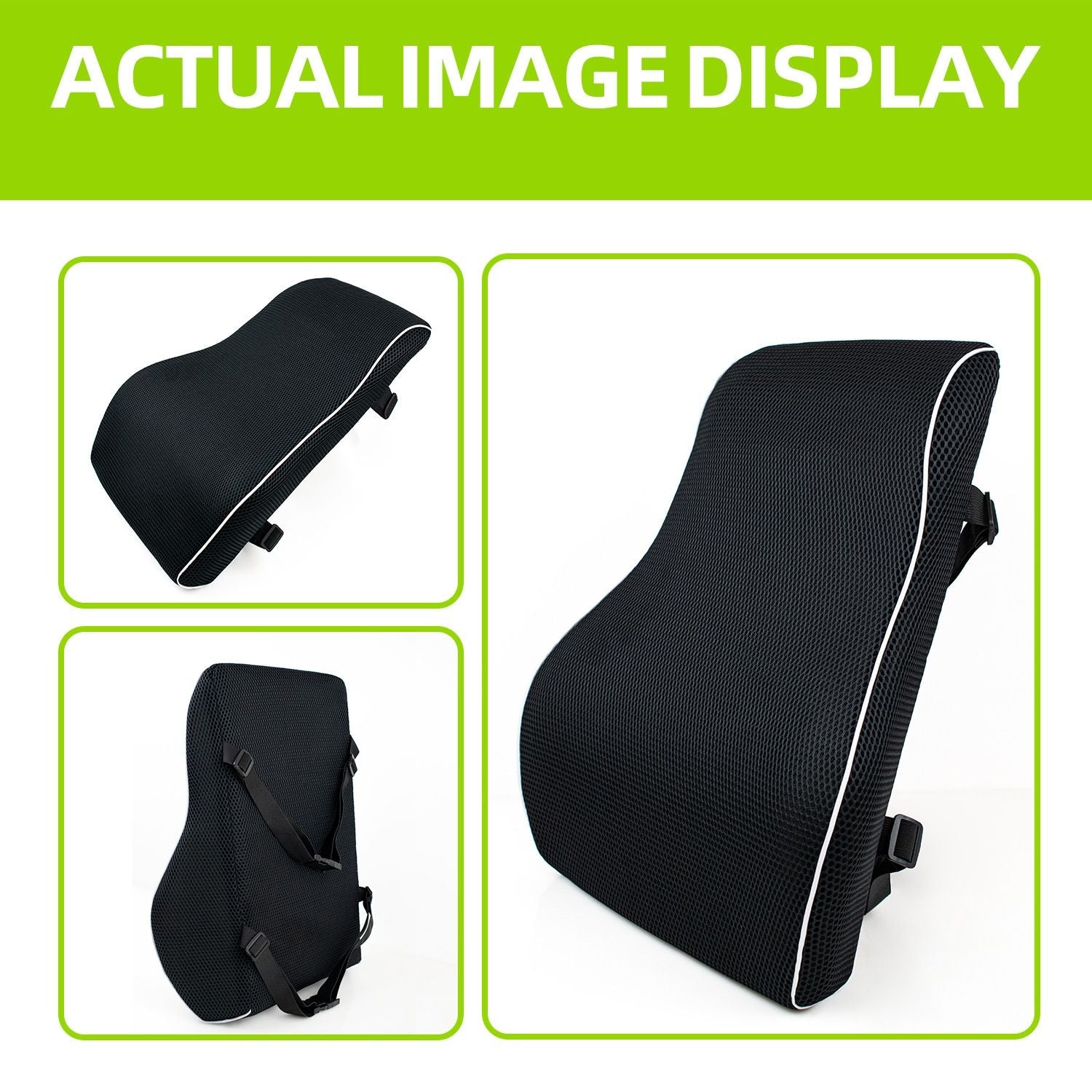 Grey 45x40x10cm  Memory Foam Lumbar Support Cushion - Polyester Mesh Cover, Adjustable Straps, Back Rest for Office Chair and Car Seat, Posture Relief for Prolonged Sitting