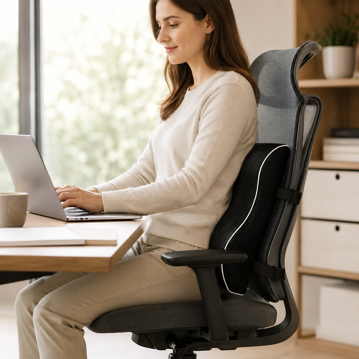 Grey 45x40x10cm  Memory Foam Lumbar Support Cushion - Polyester Mesh Cover, Adjustable Straps, Back Rest for Office Chair and Car Seat, Posture Relief for Prolonged Sitting