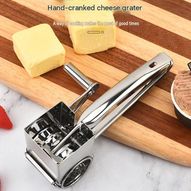 Stainless Steel Hand Crank Cheese Grater（Flat-blade planer+3-4 hole planer+5-6 hole planer+7-8 hole planer+9-10 hole planer） - Rotary Drum Shredder for Cheese, Chocolate and Butter - Ergonomic Handle Kitchen Gadget for Home Cooking and Baking