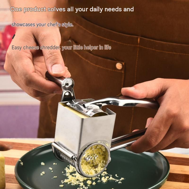 Stainless Steel Hand Crank Cheese Grater（Flat-blade planer+3-4 hole planer+5-6 hole planer+7-8 hole planer+9-10 hole planer） - Rotary Drum Shredder for Cheese, Chocolate and Butter - Ergonomic Handle Kitchen Gadget for Home Cooking and Baking