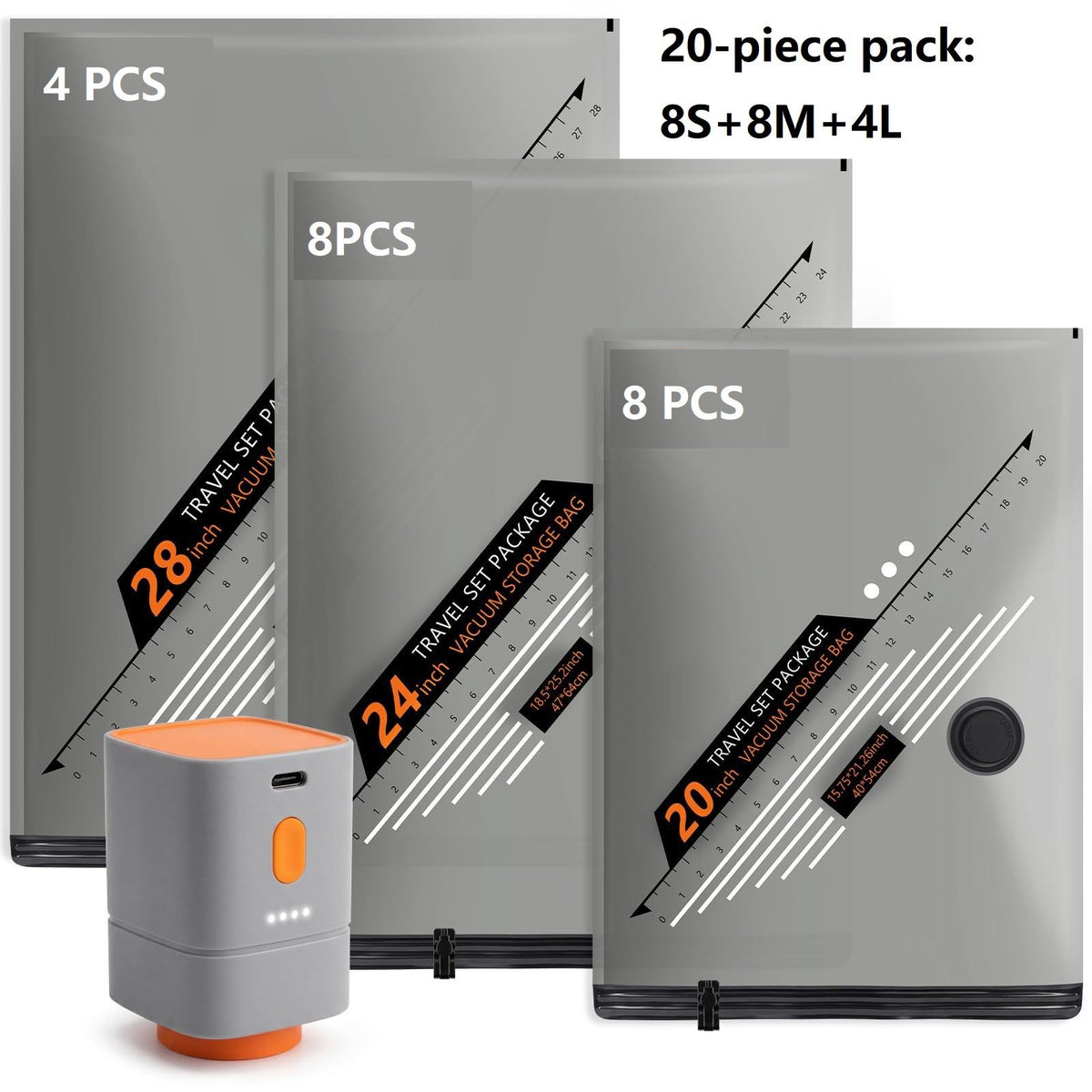 20 Piece  Travel Vacuum Compression Bags with Electric Pump - Small 40x54cm*8, Medium 47x64cm*8, Large 54x74cm*4, Space Saving Luggage Organizer for Home and Travel