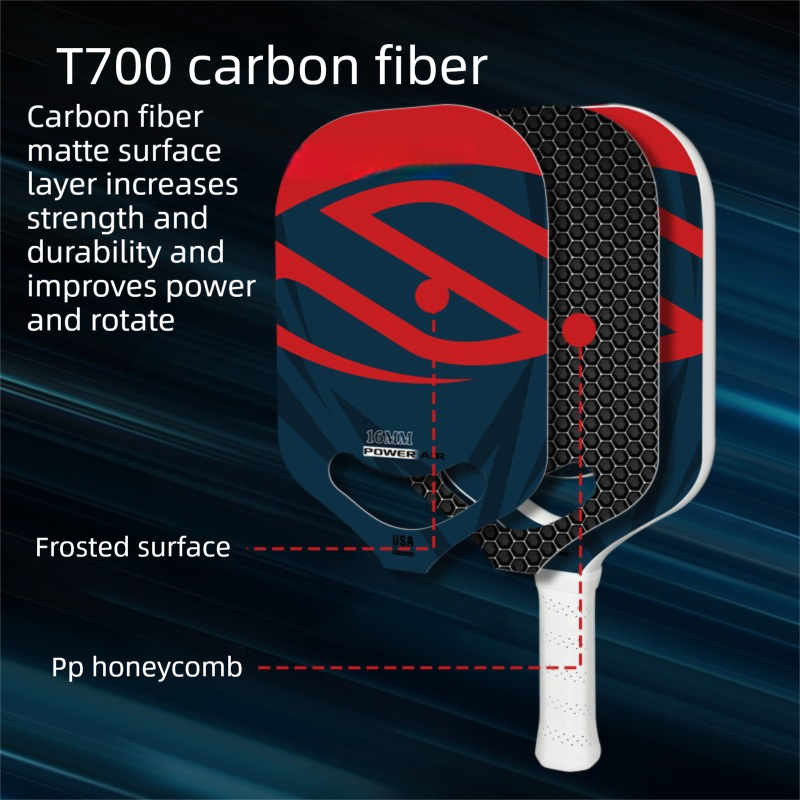 Red T700 Carbon Fiber Pickleball Paddle - 16mm Thick - Power Air Aerodynamic Design, PP Honeycomb Core, Ergonomic Grip, USAPA Approved Standard for Competitive Play