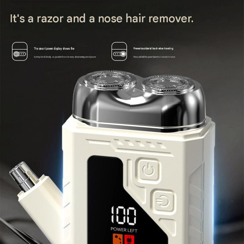 White 2-in-1 Electric Shaver and Nose Hair Trimmer - Stainless Steel Blades, LED Power Display, USB-C Rechargeable, Waterproof, Portable Travel Grooming Kit for Men