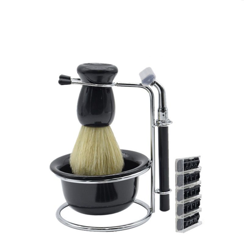 Men's Wet Shaving Kit - Safety Razor, Shaving Brush, Soap Bowl & Stand - Complete Grooming Set with Replacement Blades - Classic Black Bathroom Accessories for Travel and Home Use