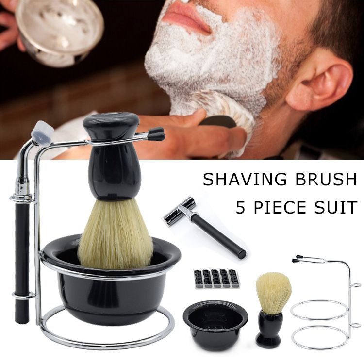 Men's Wet Shaving Kit - Safety Razor, Shaving Brush, Soap Bowl & Stand - Complete Grooming Set with Replacement Blades - Classic Black Bathroom Accessories for Travel and Home Use