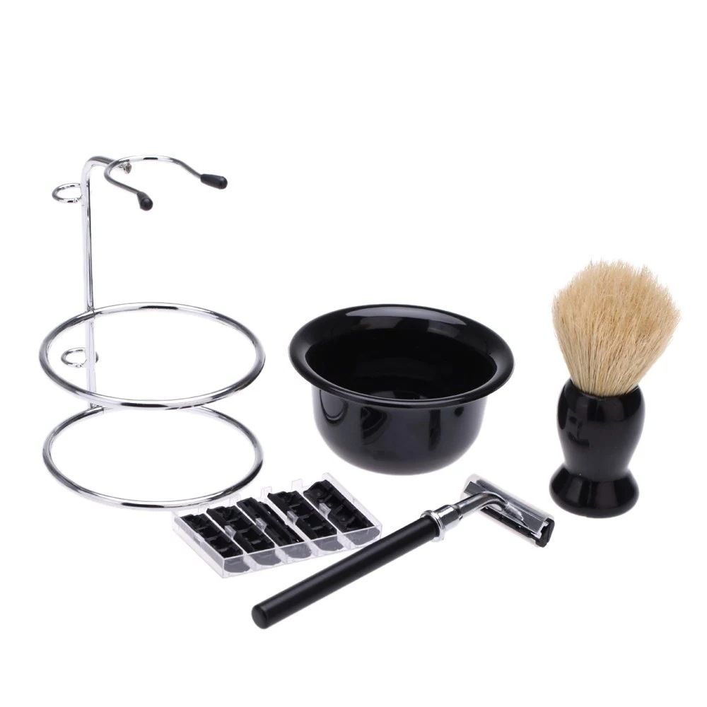 Men's Wet Shaving Kit - Safety Razor, Shaving Brush, Soap Bowl & Stand - Complete Grooming Set with Replacement Blades - Classic Black Bathroom Accessories for Travel and Home Use