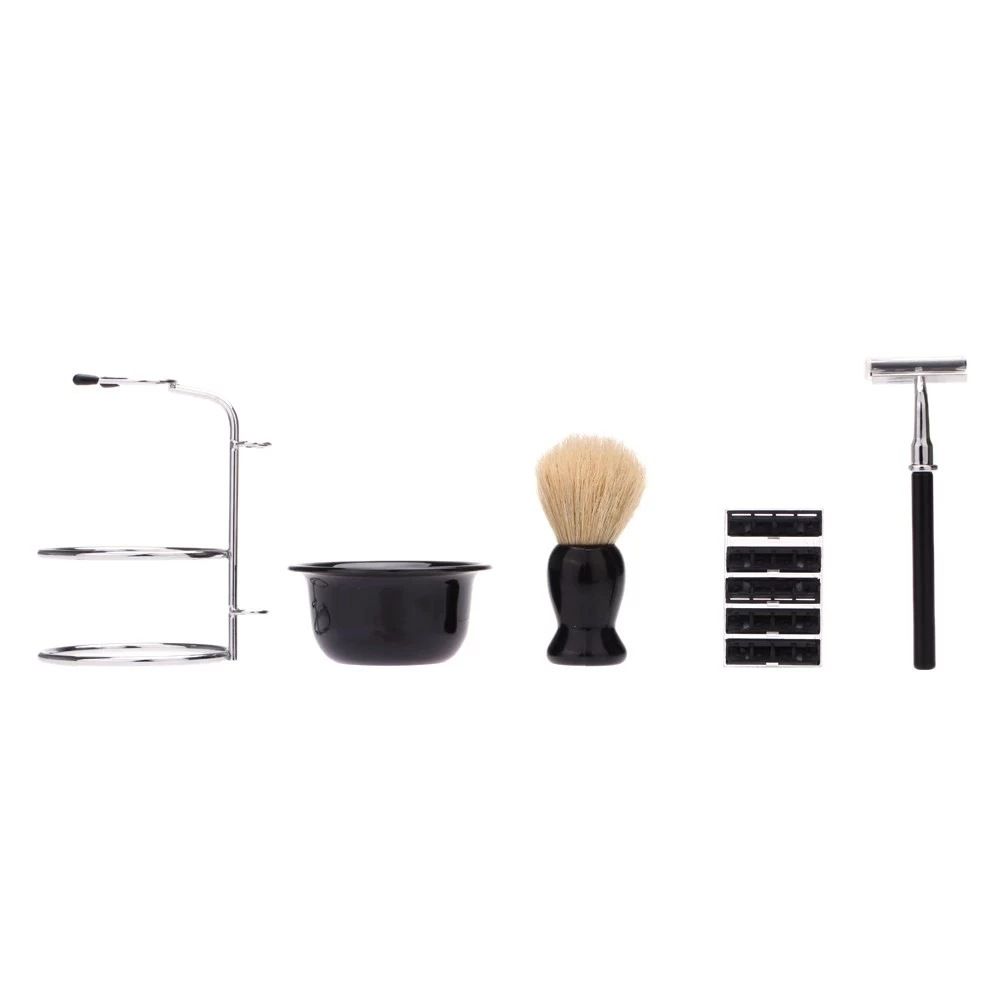 Men's Wet Shaving Kit - Safety Razor, Shaving Brush, Soap Bowl & Stand - Complete Grooming Set with Replacement Blades - Classic Black Bathroom Accessories for Travel and Home Use