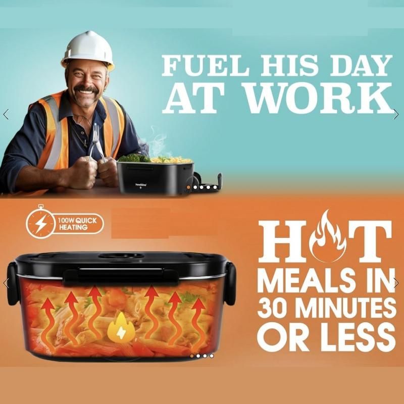 Grey Electric Lunch Box 1.5L - Portable Food Heater with 12V Car and 240V Home Plug, Stainless Steel Container and Leak Proof Lid - Heated Lunchbox for Office, Truck Drivers, Camping and Travel