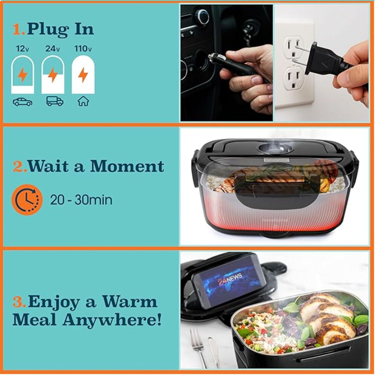 Grey Electric Lunch Box 1.5L - Portable Food Heater with 12V Car and 240V Home Plug, Stainless Steel Container and Leak Proof Lid - Heated Lunchbox for Office, Truck Drivers, Camping and Travel
