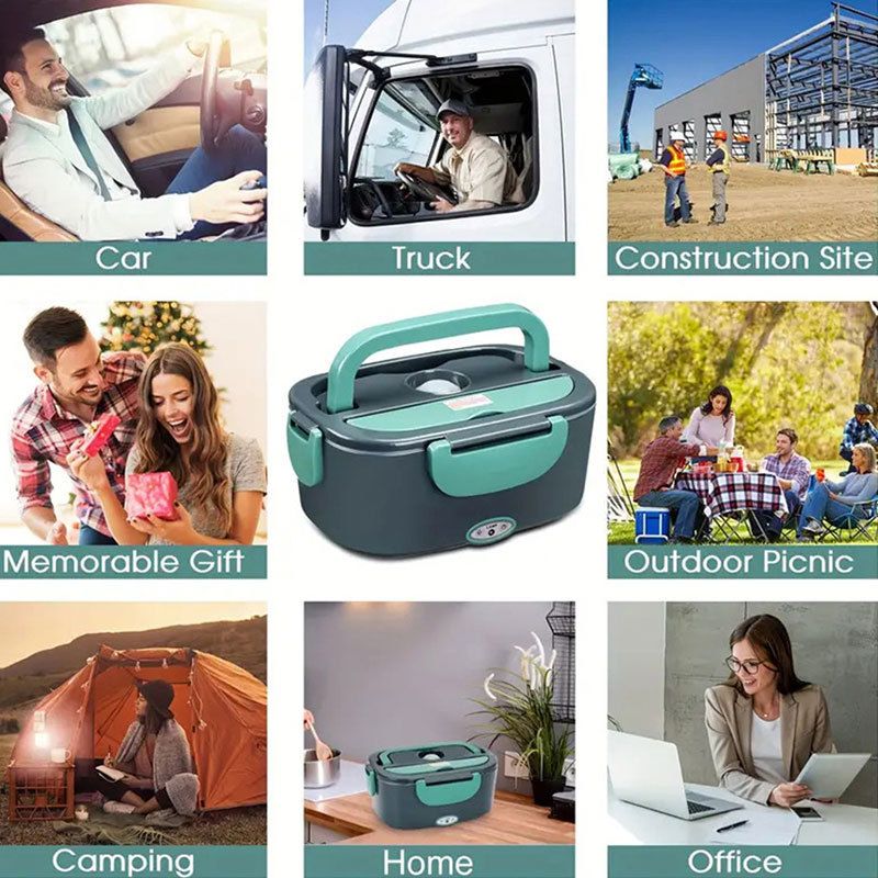 Grey Electric Lunch Box 1.5L - Portable Food Heater with 12V Car and 240V Home Plug, Stainless Steel Container and Leak Proof Lid - Heated Lunchbox for Office, Truck Drivers, Camping and Travel