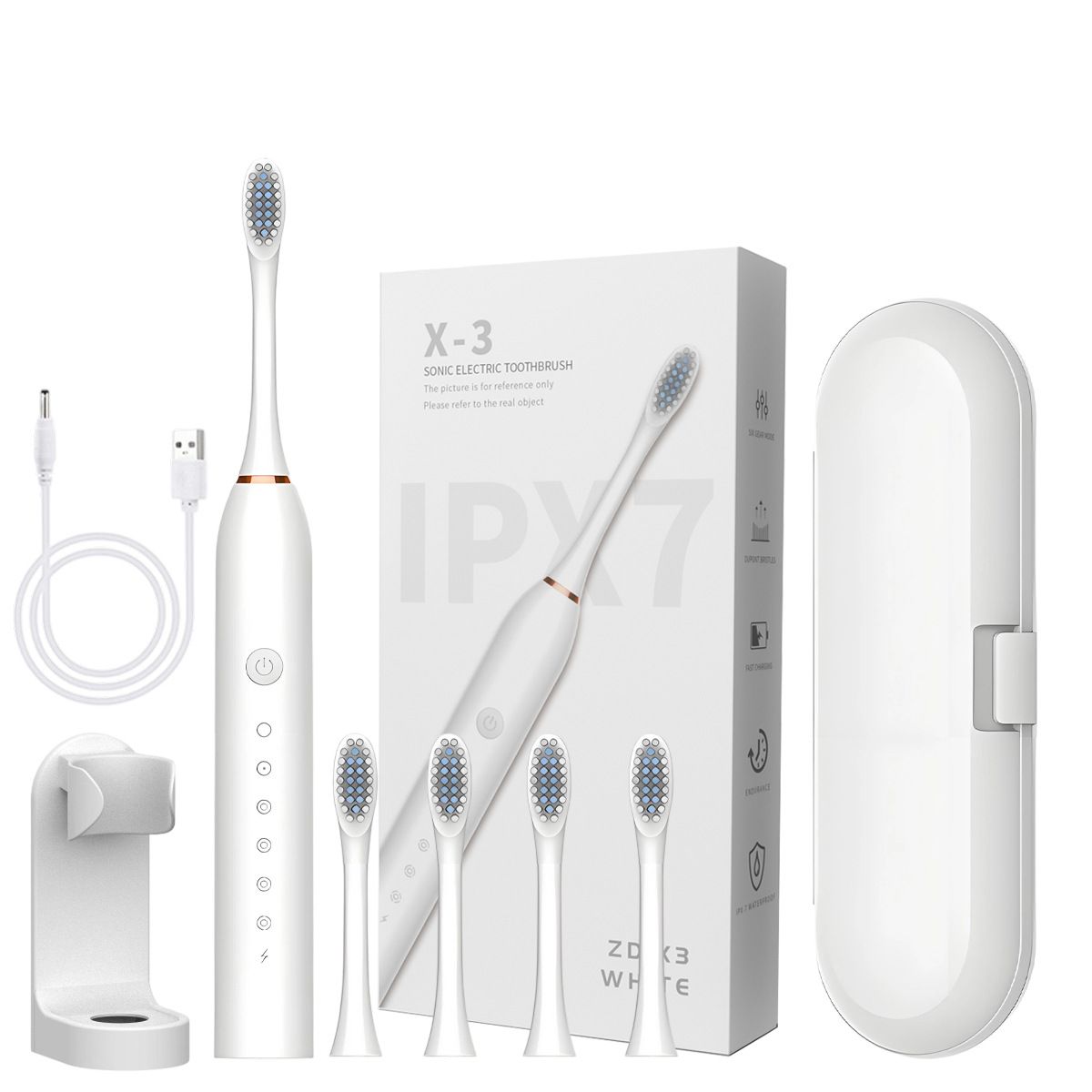 Sonic Electric Toothbrush White set with 4 brush heads, stand, and travel case- 6 Cleaning Modes, USB Rechargeable, DuPont Soft Bristles, Travel Friendly Oral Care Set