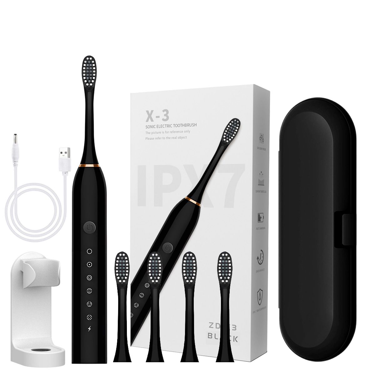 Sonic Electric Toothbrush Black set with 4 brush heads, stand, and travel case- 6 Cleaning Modes, USB Rechargeable, DuPont Soft Bristles, Travel Friendly Oral Care Set