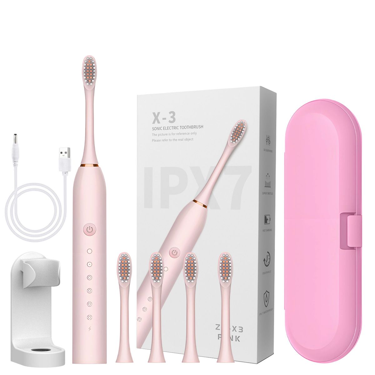 Sonic Electric Toothbrush Pink set with 4 brush heads, stand, and travel case- 6 Cleaning Modes, USB Rechargeable, DuPont Soft Bristles, Travel Friendly Oral Care Set