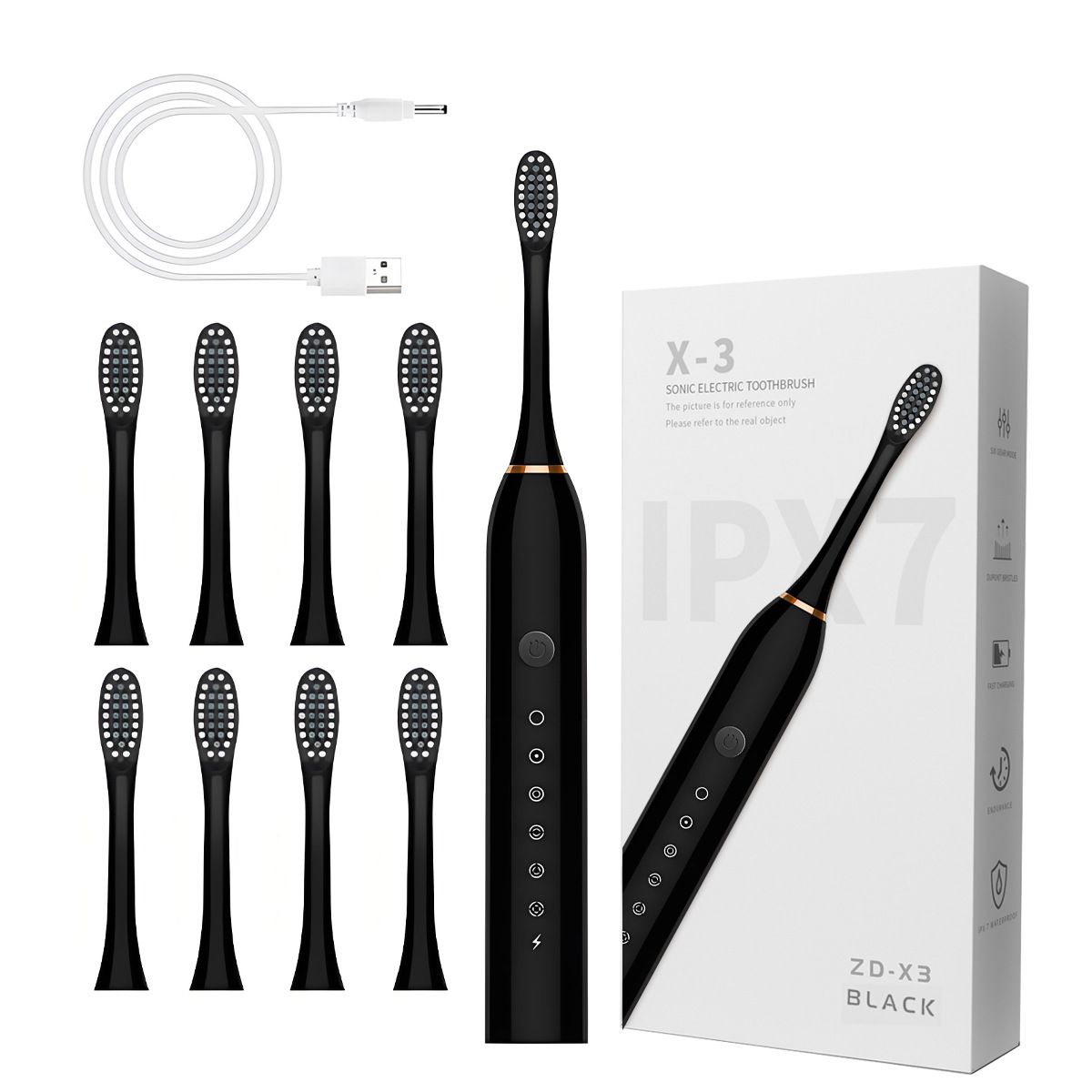 Sonic Electric Toothbrush Black 8-Brush-Head Set - 6 Cleaning Modes, USB Rechargeable, DuPont Soft Bristles, Travel Friendly Oral Care Set