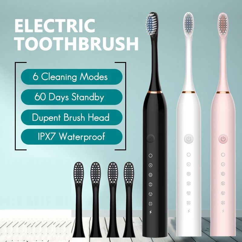Sonic Electric Toothbrush Black 8-Brush-Head Set - 6 Cleaning Modes, USB Rechargeable, DuPont Soft Bristles, Travel Friendly Oral Care Set