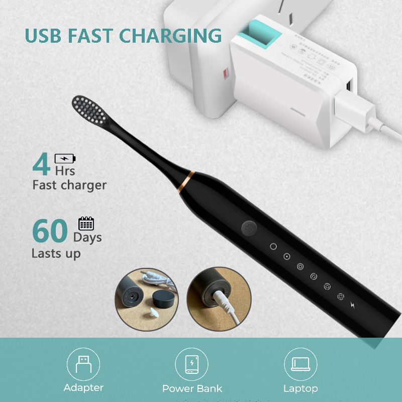 Sonic Electric Toothbrush Black 8-Brush-Head Set - 6 Cleaning Modes, USB Rechargeable, DuPont Soft Bristles, Travel Friendly Oral Care Set