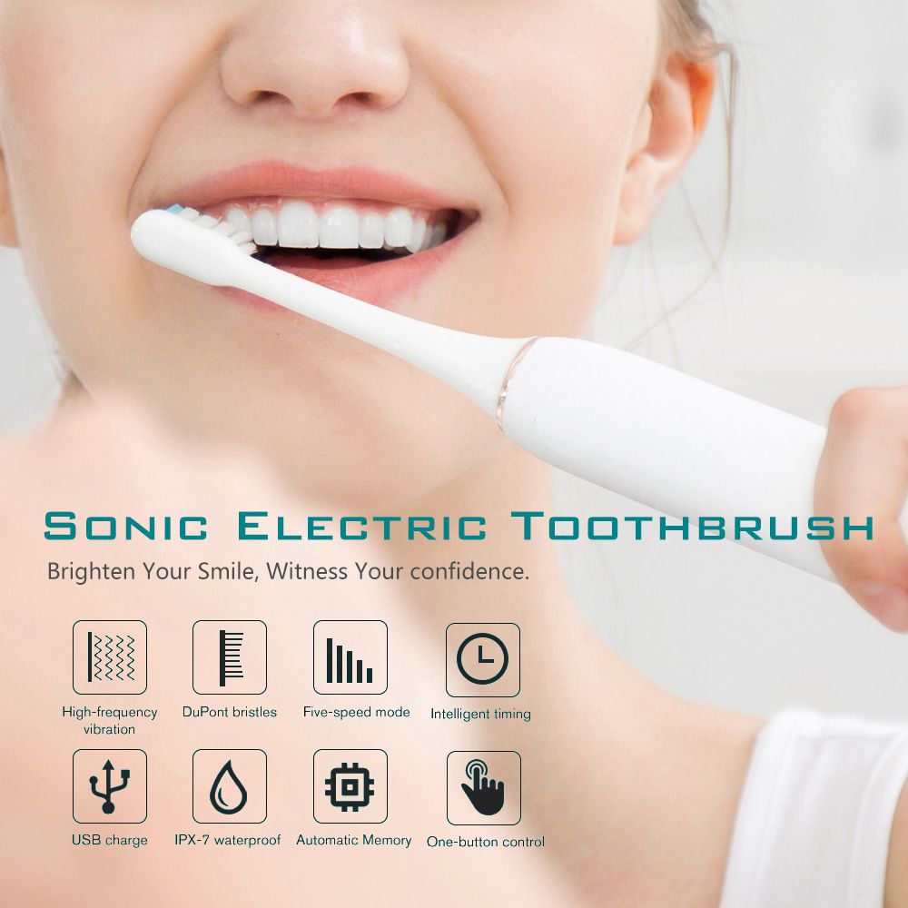 Sonic Electric Toothbrush Black 8-Brush-Head Set - 6 Cleaning Modes, USB Rechargeable, DuPont Soft Bristles, Travel Friendly Oral Care Set