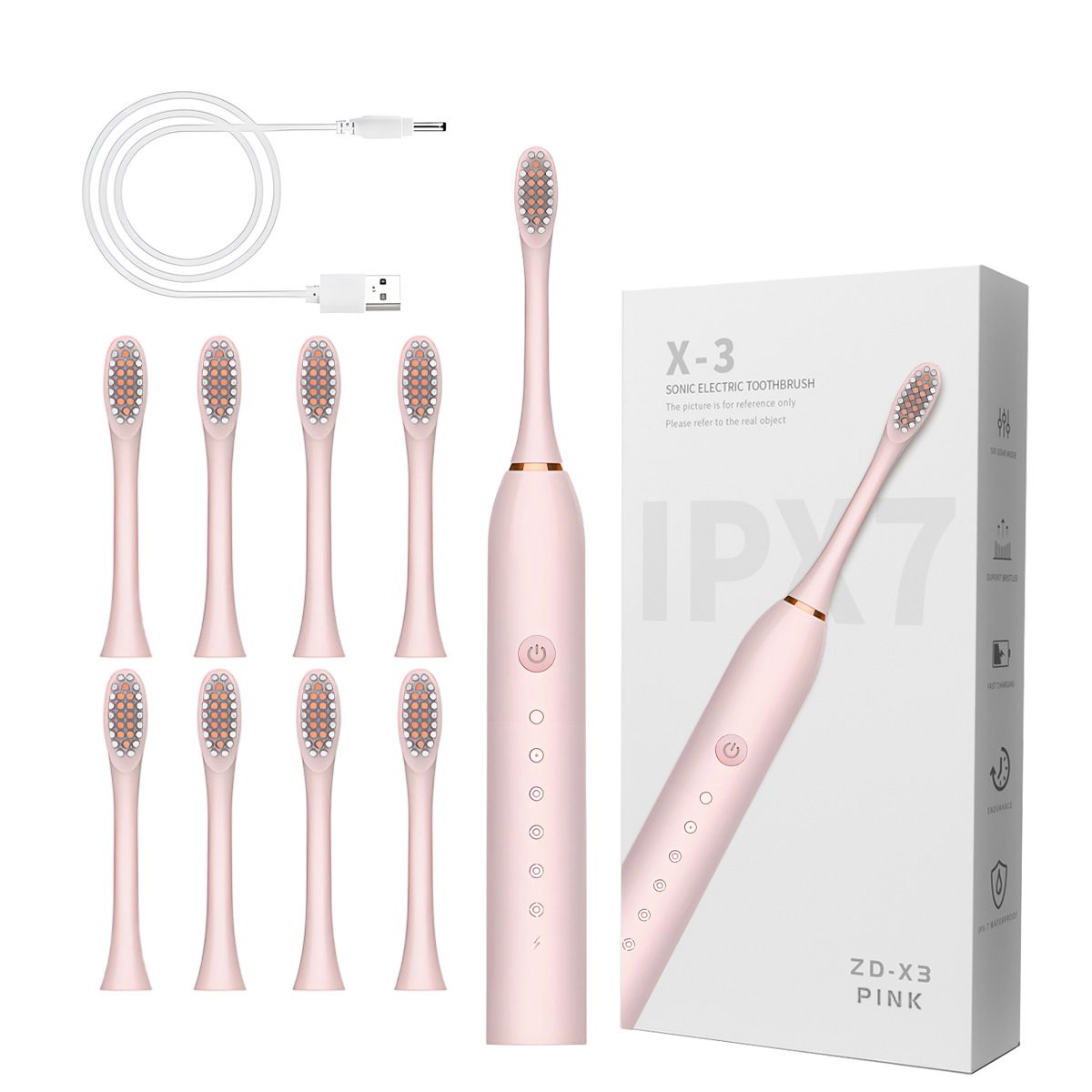 Sonic Electric Toothbrush Pink 8-Brush-Head Set - 6 Cleaning Modes, USB Rechargeable, DuPont Soft Bristles, Travel Friendly Oral Care Set