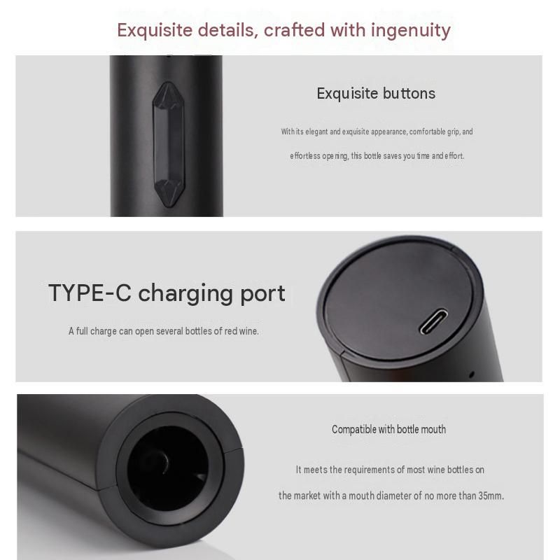Six-piece set Electric Wine Opener（Includes base, pourer, and stopper） - Rechargeable Automatic Corkscrew , USB-C Fast Opening Bottle Opener for Red Wine, Ergonomic ABS Stainless Steel Design, Home Bar & Party Essential