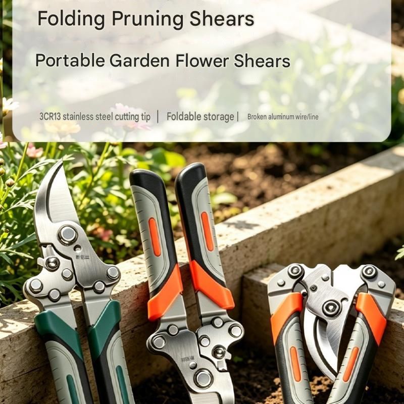 Garden Pruning and Sharpening Tool Set - Green Stainless Steel Folding Shears and Red Portable Alloy Steel Blade Sharpener Kit for Fruit Trees, Bonsai, and Garden Maintenance