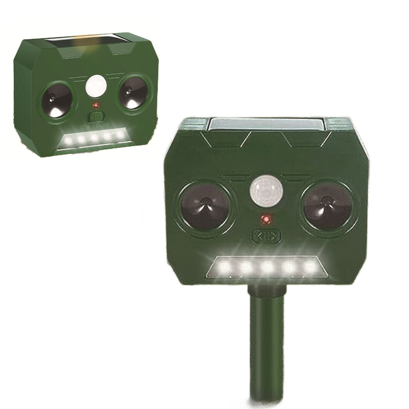 Solar Powered Ultrasonic Animal Repeller （Dual-speaker style）- Outdoor Pest Deterrent with PIR Motion Sensor and LED Flash, Waterproof Garden Stake for Cats, Dogs, Birds, Rodents, Snakes, Green ABS Plastic, 12m Range