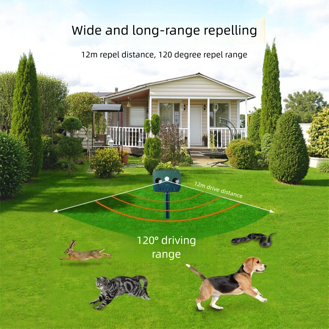 Solar Powered Ultrasonic Animal Repeller （Single-speaker style）- Outdoor Pest Deterrent with PIR Motion Sensor and LED Flash, Waterproof Garden Stake for Cats, Dogs, Birds, Rodents, Snakes, Green ABS Plastic, 12m Range