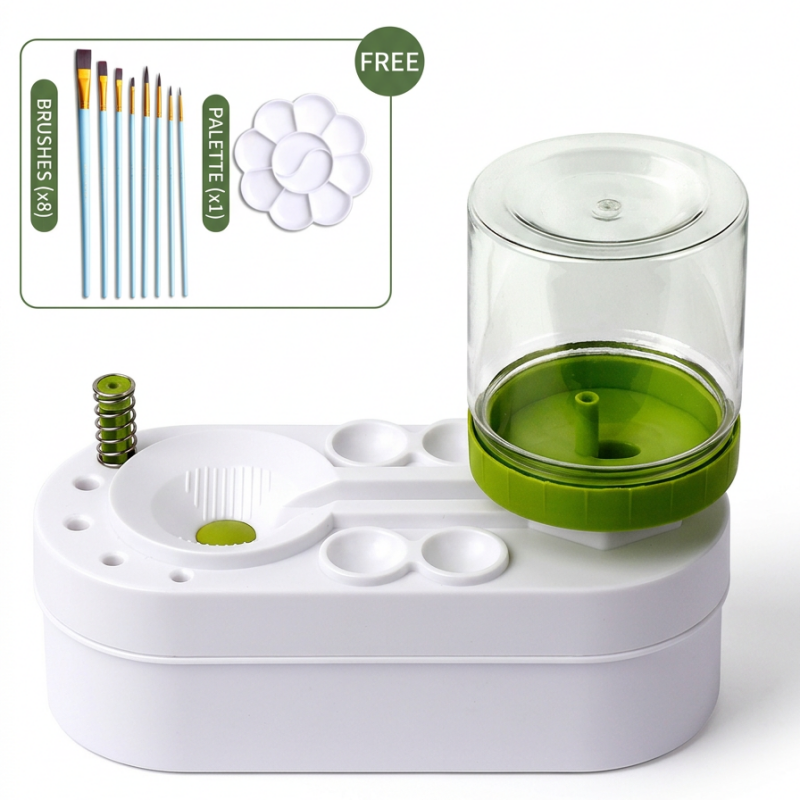 Green Automatic Water-Colour Paintbrush Cleaner Set - Green 2-in-1 Station with Self-Cleaning Water Dispenser - Includes 8 Brushes & Flower Palette - Mess-Free Art Accessory