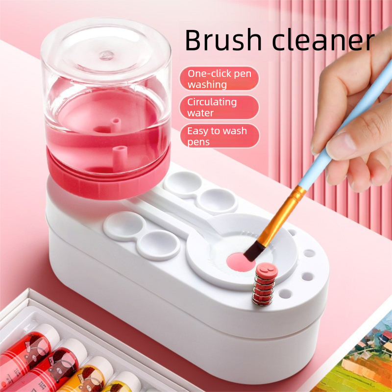 Green Automatic Water-Colour Paintbrush Cleaner Set - Green 2-in-1 Station with Self-Cleaning Water Dispenser - Includes 8 Brushes & Flower Palette - Mess-Free Art Accessory