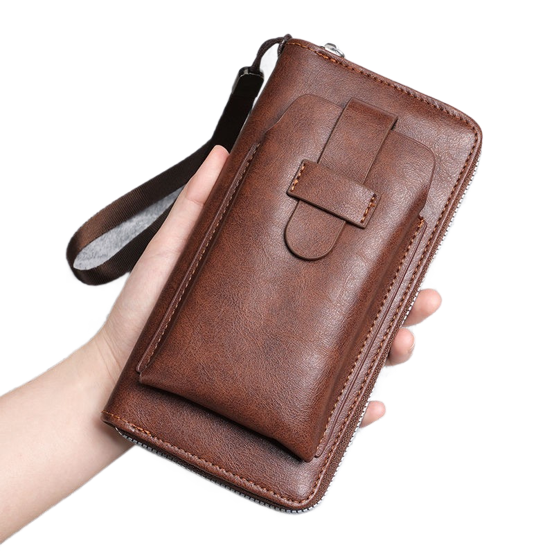 Brown Retro Leather 2-in-1 Men's Wallet & Phone  storage pouch - Multi-Card Zipper Clutch with Front Pocket - Vintage Business Pocket for Phone & Cards