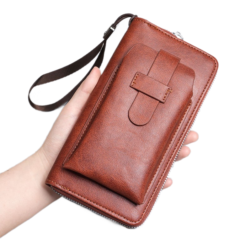 Red Brown Retro Leather 2-in-1 Men's Wallet & Phone  storage pouch - Multi-Card Zipper Clutch with Front Pocket - Vintage Business Pocket for Phone & Cards