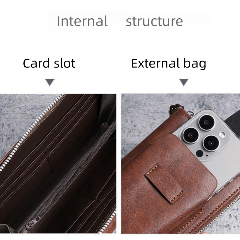 Yellow Brown Retro Leather 2-in-1 Men's Wallet & Phone  storage pouch - Multi-Card Zipper Clutch with Front Pocket - Vintage Business Pocket for Phone & Cards