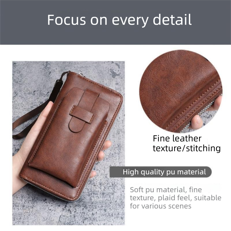 Yellow Brown Retro Leather 2-in-1 Men's Wallet & Phone  storage pouch - Multi-Card Zipper Clutch with Front Pocket - Vintage Business Pocket for Phone & Cards