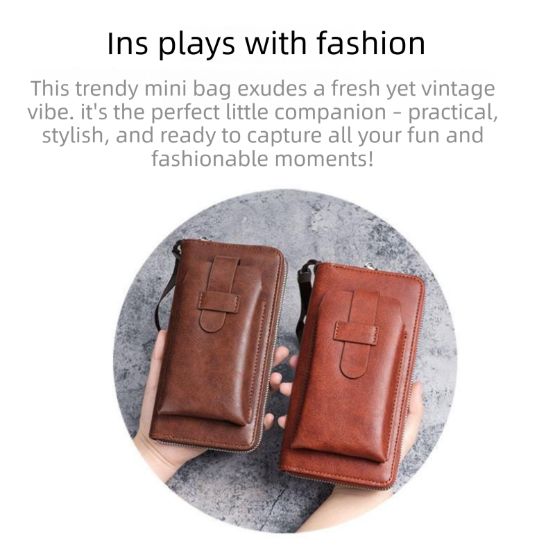 Yellow Brown Retro Leather 2-in-1 Men's Wallet & Phone  storage pouch - Multi-Card Zipper Clutch with Front Pocket - Vintage Business Pocket for Phone & Cards