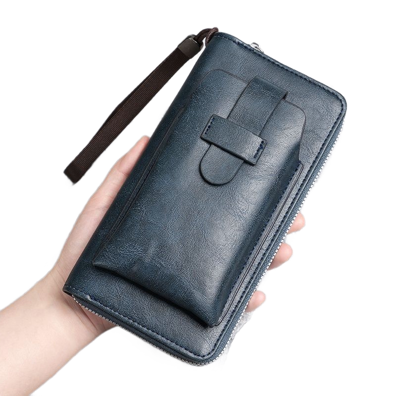 Blue Retro Leather 2-in-1 Men's Wallet & Phone  storage pouch - Multi-Card Zipper Clutch with Front Pocket - Vintage Business Pocket for Phone & Cards