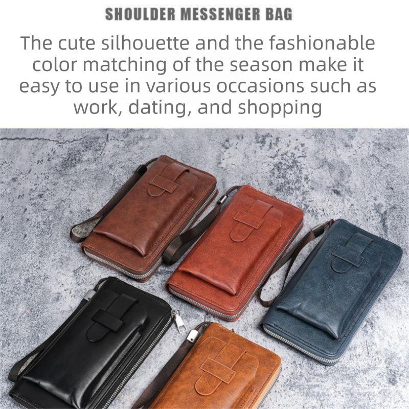 Blue Retro Leather 2-in-1 Men's Wallet & Phone  storage pouch - Multi-Card Zipper Clutch with Front Pocket - Vintage Business Pocket for Phone & Cards