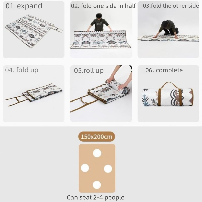 Bohemian style Waterproof Picnic Mat - 200x150cm Extra Thick Outdoor Blanket with Carry Handle, Machine Washable Camping Ground Sheet for Beach and Park