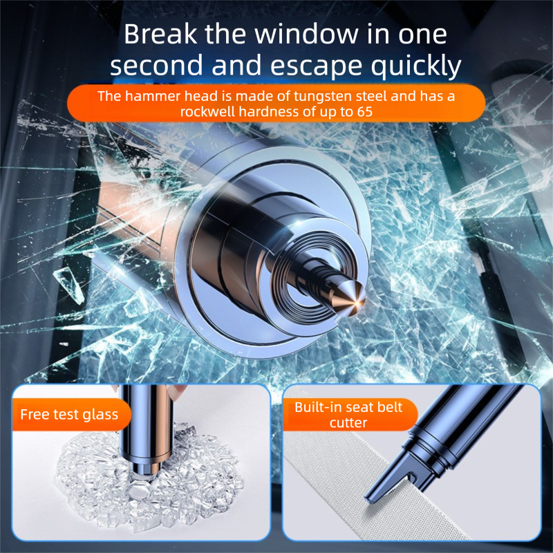 3-piece Black 2-in-1 Car Window Breaker & Seatbelt Cutter - Tungsten Steel Emergency Escape Tool with Test Glass, Portable Auto Safety Hammer