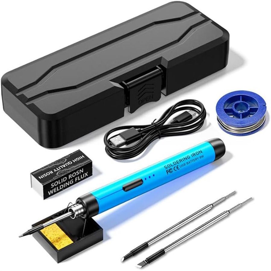 Blue Portable Cordless Soldering Iron Kit with 3 Soldering Tips 5V 8W - 3 Temperature Settings, Fast Heating Mini Tool for Circuit Board Repair, Electronics Soldering, Wiring and DIY Use