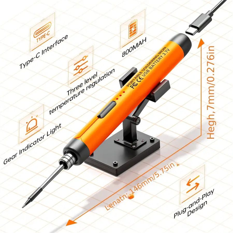 Black Portable Cordless Soldering Iron Kit 5V 8W USB Rechargeable - 3 Temperature Settings, Fast Heating Mini Soldering Tool for Circuit Boards, Electronics Repair, Wiring and DIY Projects