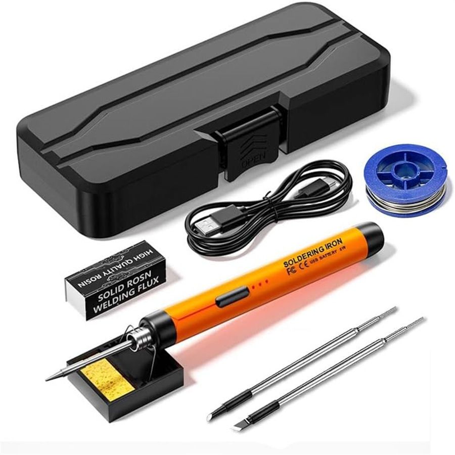 Orange Portable Cordless Soldering Iron Kit with 3 Soldering Tips 5V 8W - 3 Temperature Settings, Fast Heating Mini Tool for Circuit Board Repair, Electronics Soldering, Wiring and DIY Use