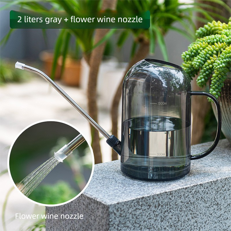 2L Gray Long Spout Watering Can with Shower Head - Clear Plastic Indoor Plant Waterer for Succulents, Balcony Garden, Precise Watering Tool