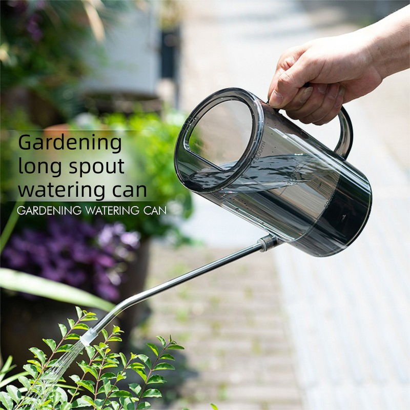 2L Gray Long Spout Watering Can with Shower Head - Clear Plastic Indoor Plant Waterer for Succulents, Balcony Garden, Precise Watering Tool