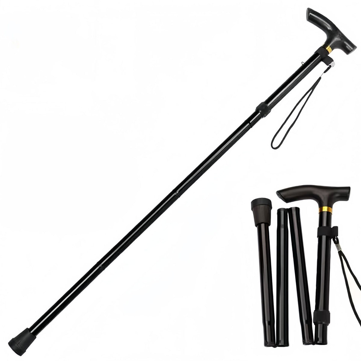 Folding Hiking Stick Black - Adjustable Aluminum Telescopic Walking Cane, 5-Height Settings 82-95cm, Lightweight Portable Trekking Pole for Seniors and Outdoors
