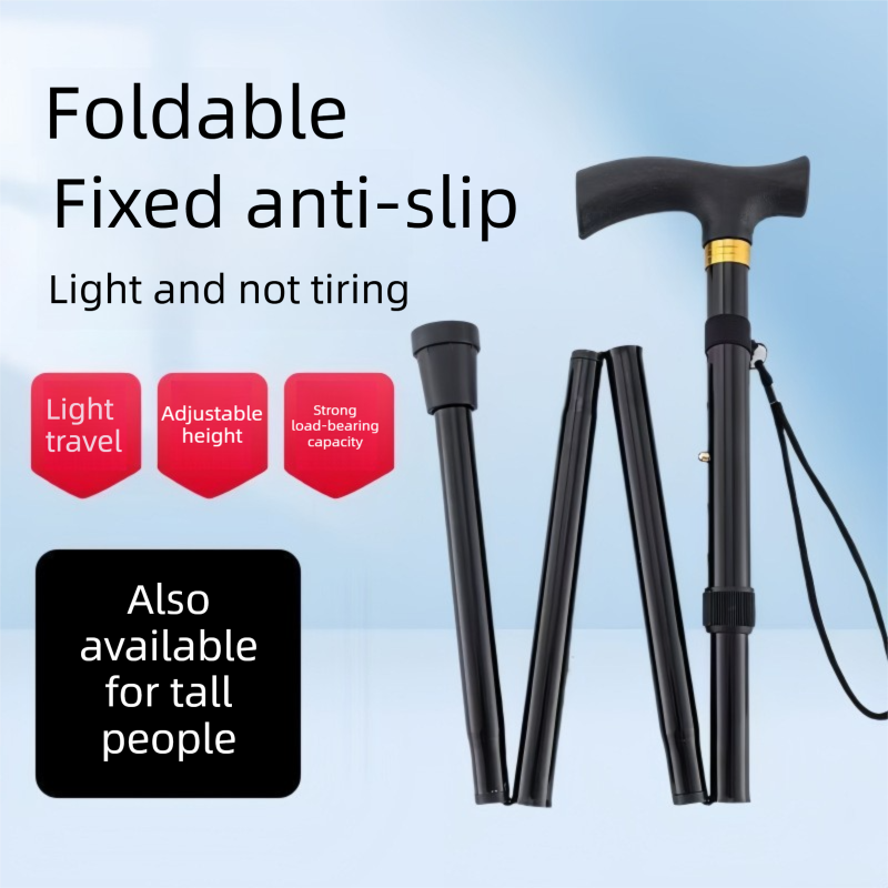Folding Hiking Stick Black - Adjustable Aluminum Telescopic Walking Cane, 5-Height Settings 82-95cm, Lightweight Portable Trekking Pole for Seniors and Outdoors