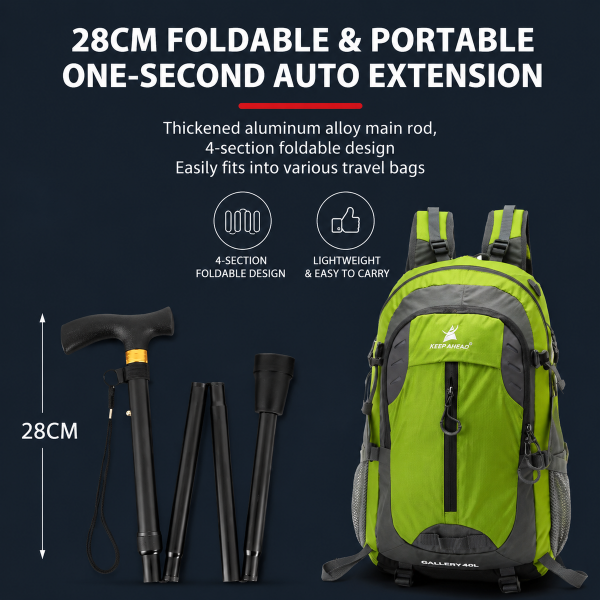 Folding Hiking Stick Black - Adjustable Aluminum Telescopic Walking Cane, 5-Height Settings 82-95cm, Lightweight Portable Trekking Pole for Seniors and Outdoors