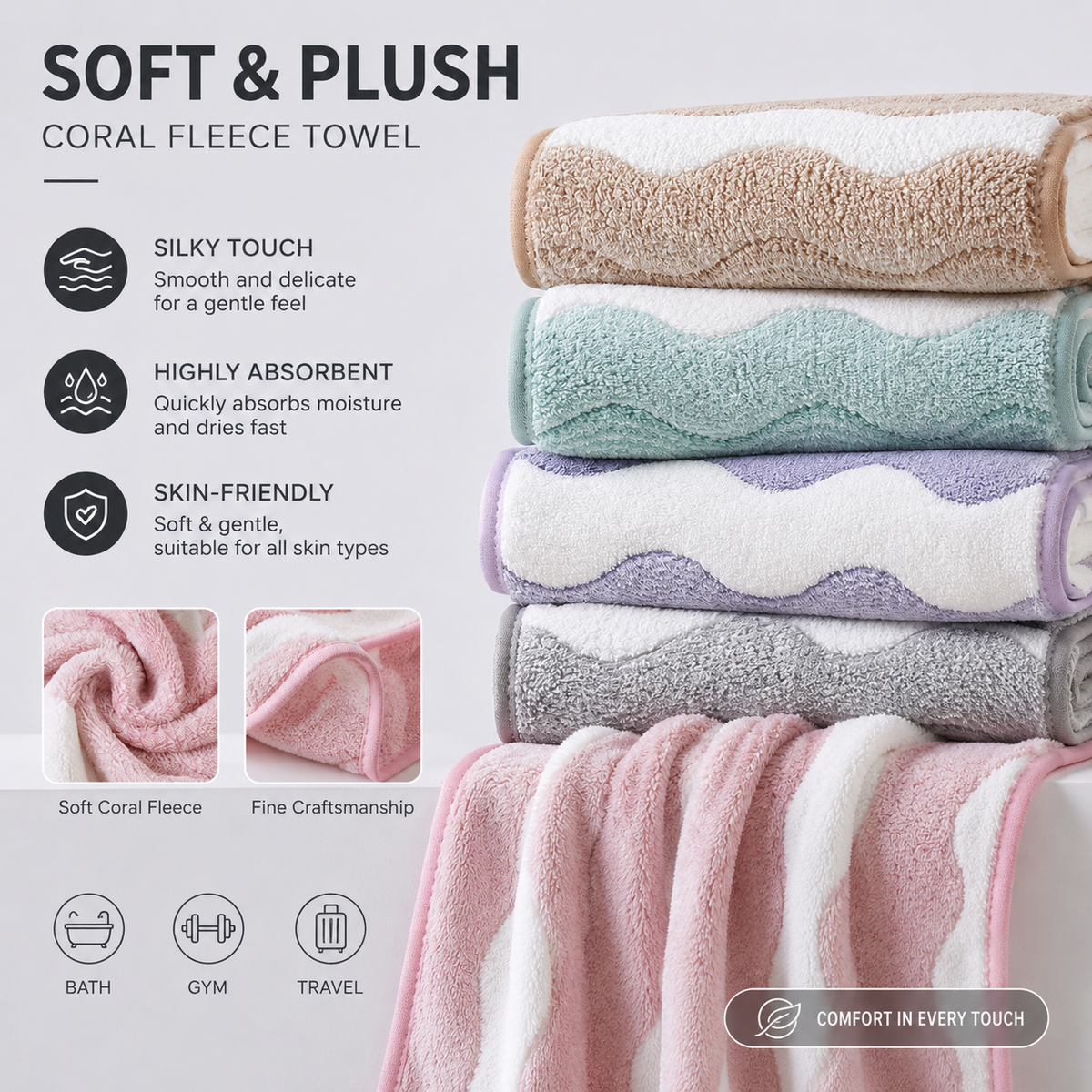 Pink 5-Pack Wave Pattern Towels, 35x75cm, Soft Absorbent, Hanging Loop