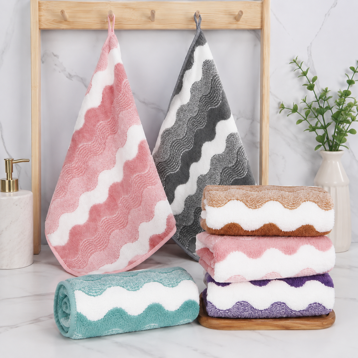 Pink 5-Pack Wave Pattern Towels, 35x75cm, Soft Absorbent, Hanging Loop