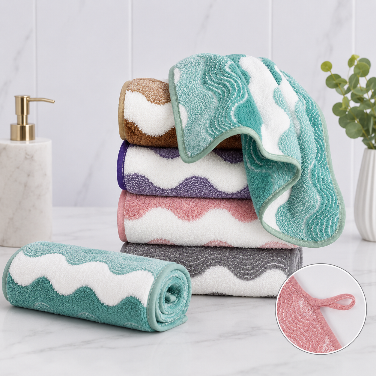 Pink 5-Pack Wave Pattern Towels, 35x75cm, Soft Absorbent, Hanging Loop