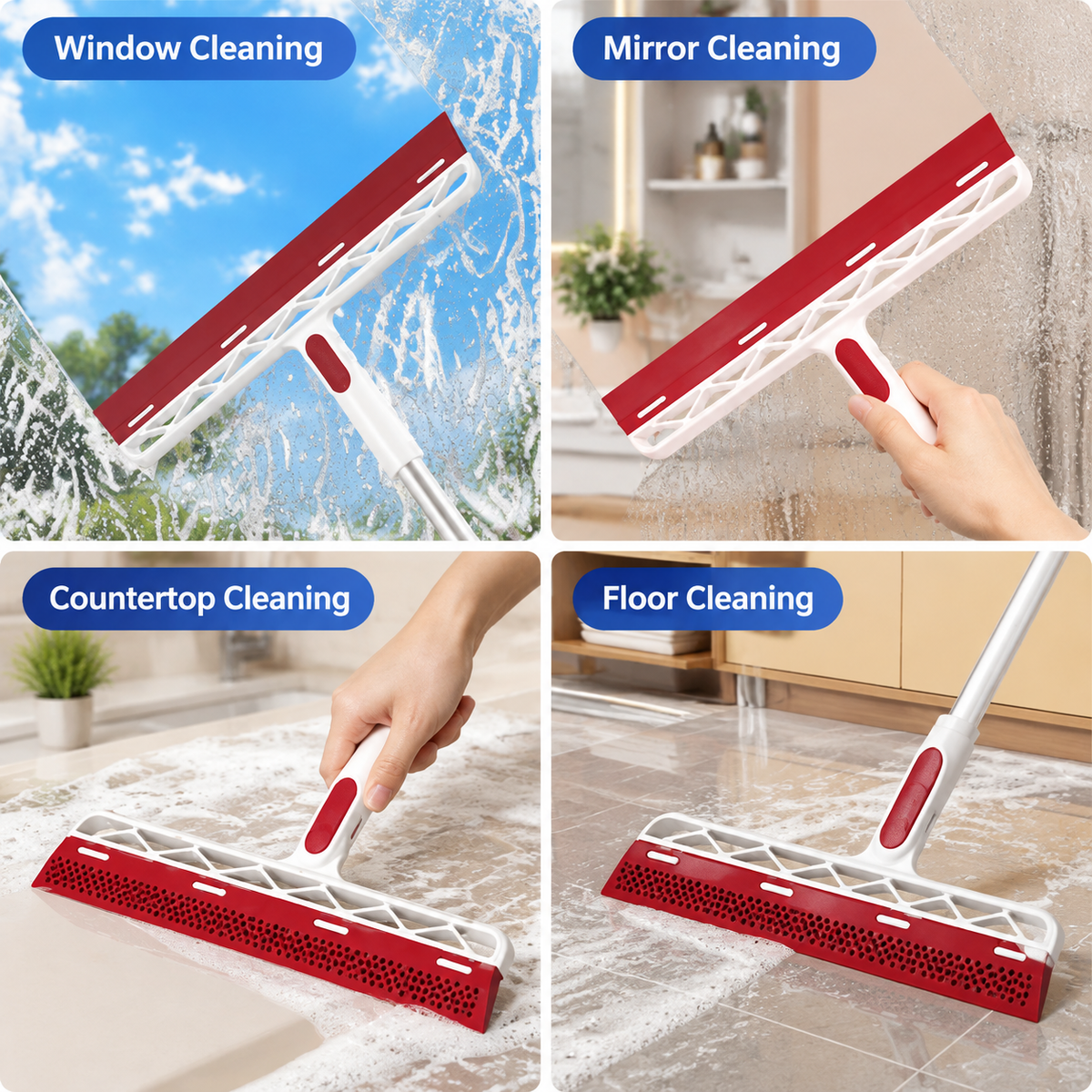 Red 2 in 1 Floor Squeegee Broom - 102cm Long Handle 32cm Double Sided Cleaning Head with 180 Degree Rotation for Water, Hair, Floors, Windows and Bathrooms