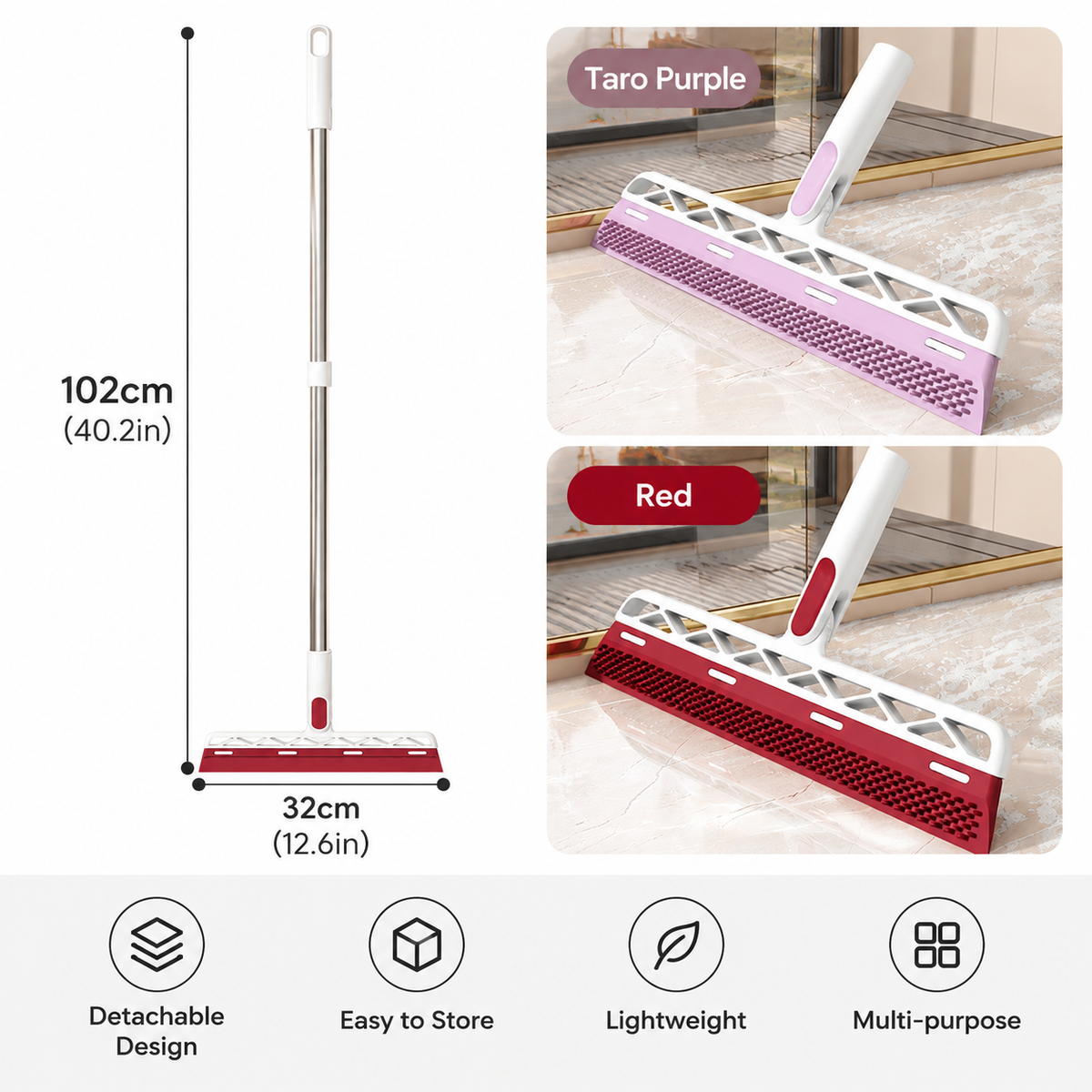 Purple 2 in 1 Floor Squeegee Broom - 102cm Long Handle 32cm Double Sided Cleaning Head with 180 Degree Rotation for Water, Hair, Floors, Windows and Bathrooms